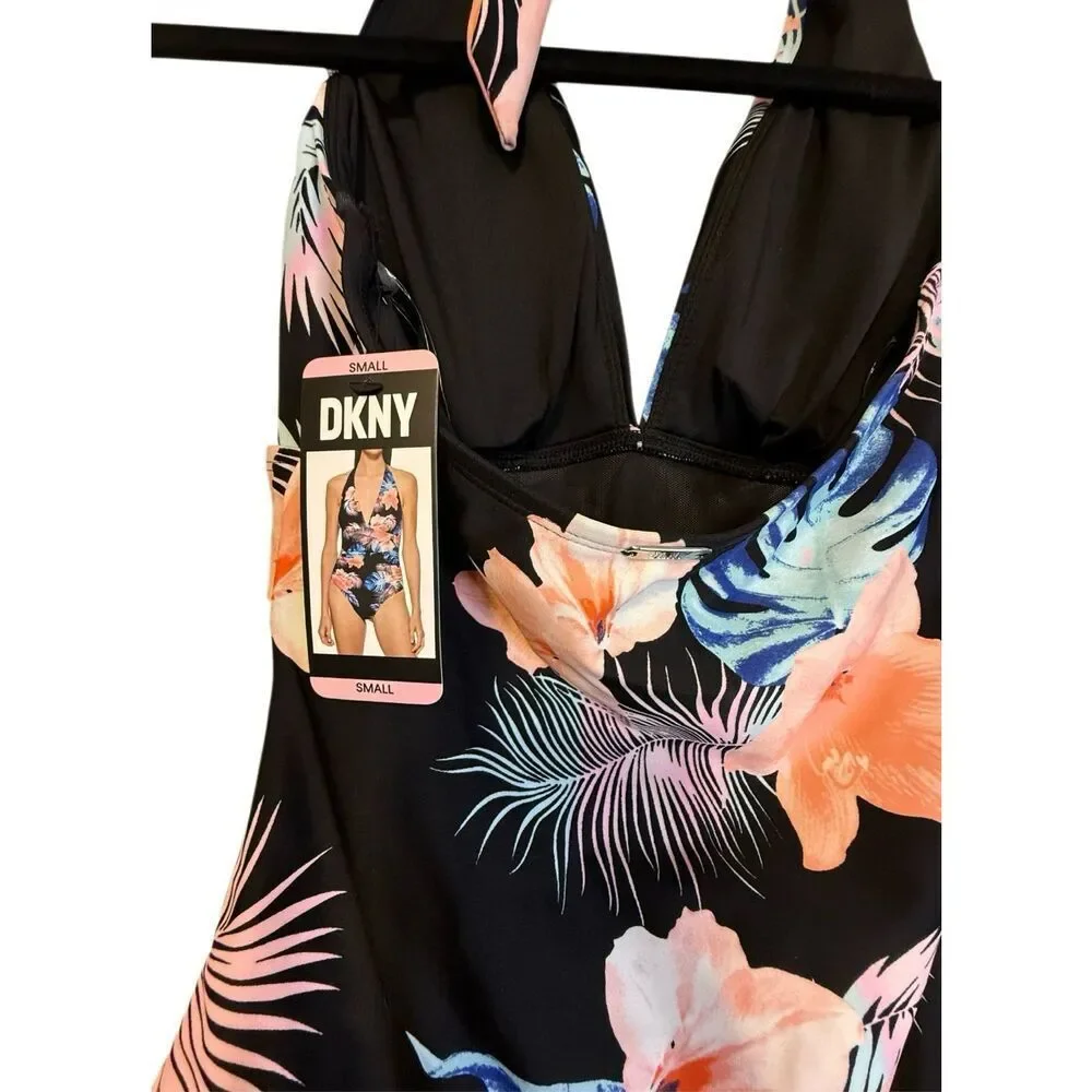 NWT DKNY Women’s Halter Neck 1 Piece Floral Swimsuit Small Cruise Tropical - Picture 4 of 9